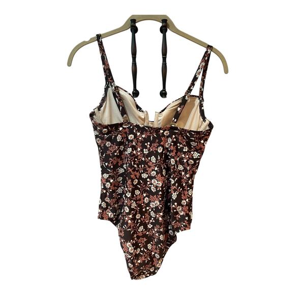 Kona Sol Size Medium Brown & Pink Floral One-Piece Swimsuit Built-In Bra NWT - Picture 4 of 9